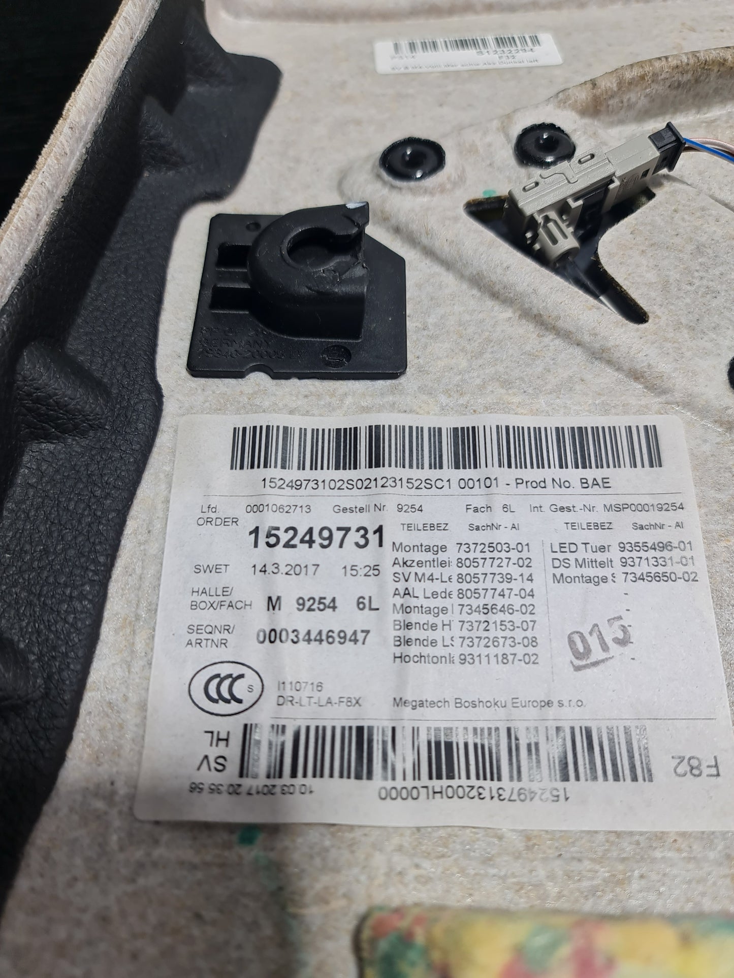 15-18 OEM BMW F82 M4 Rear Passenger Door Card Panel Leather White Stitching - MPerformance.parts