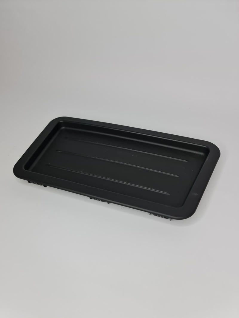 BMW 2012-2020 interior rear left storage tray, flat design, for BMW 51477245912 model, shown in black plastic.