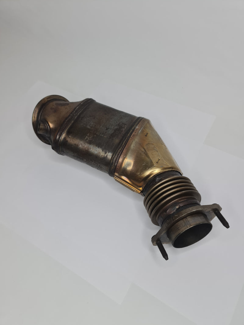 BMW catalytic converter 2015-2020 model, part number 18-32-7-848-044, showing the metal structure and inlet/outlet ports.