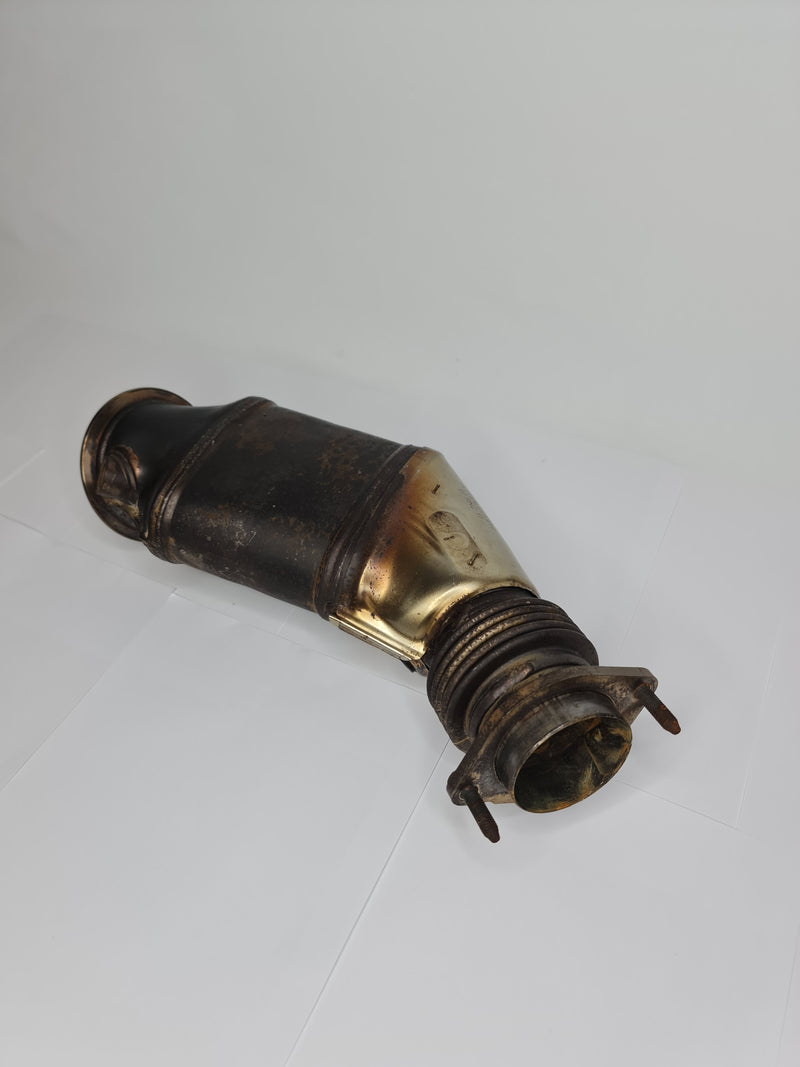 BMW catalytic converter 2015-2020 model, part number 18-32-7-848-044, showing the metallic device with mounting points and inlet/outlet pipes.