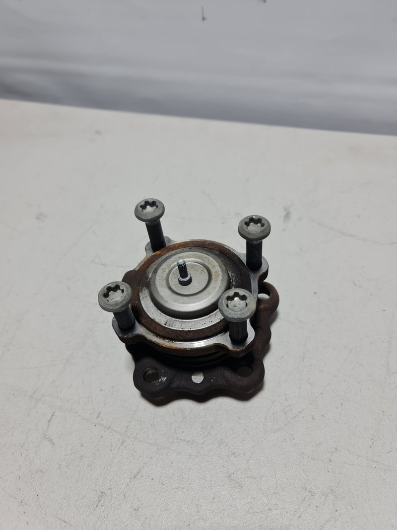 BMW front wheel hub with bearing, model 2015-2020, showing the metallic hub assembly with mounting points and bearing details.