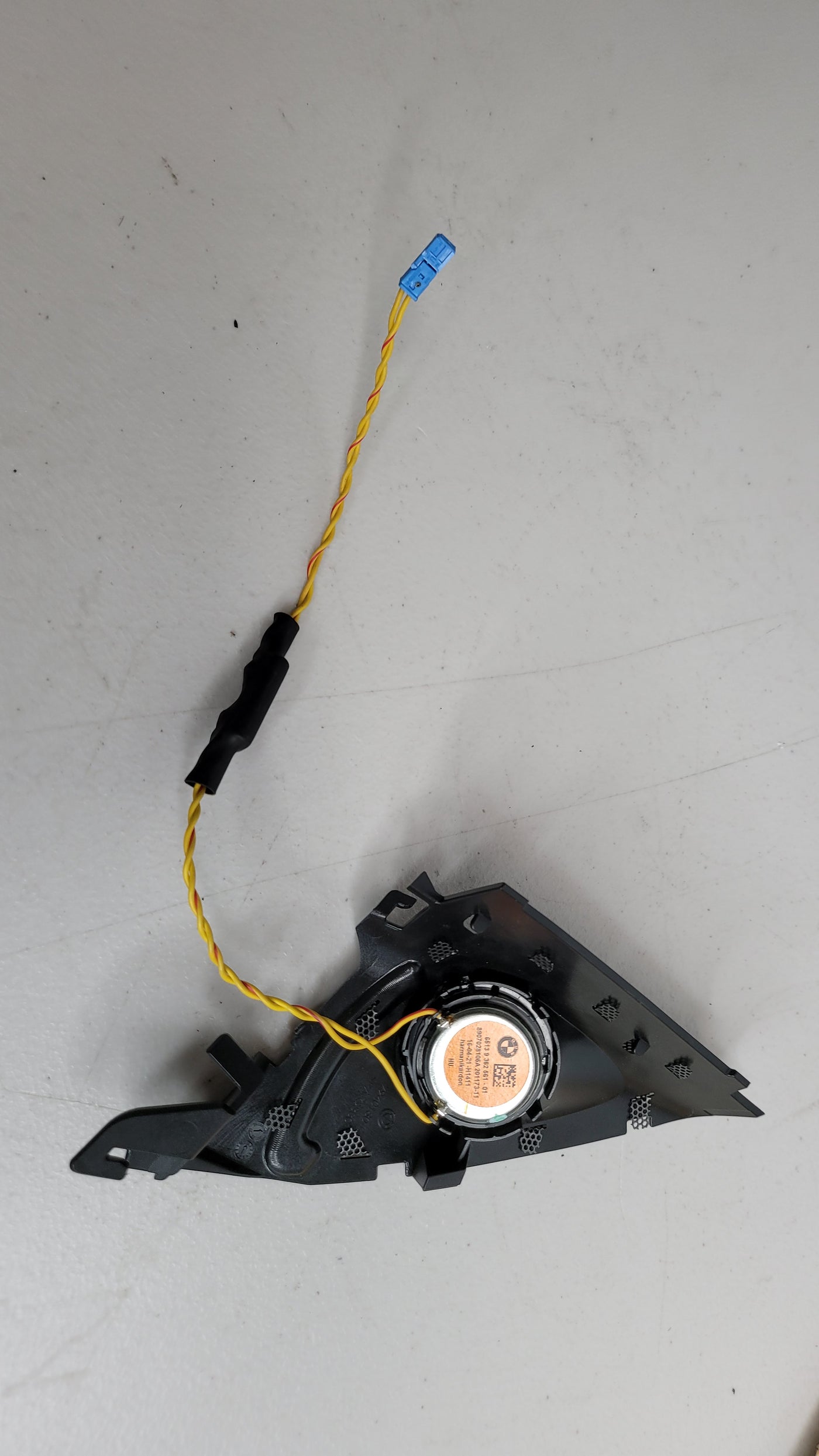 BMW M4 G82 G83 front right side tweeter speaker assembly by MPerformance.parts, showing the compact speaker unit installed in the vehicle.