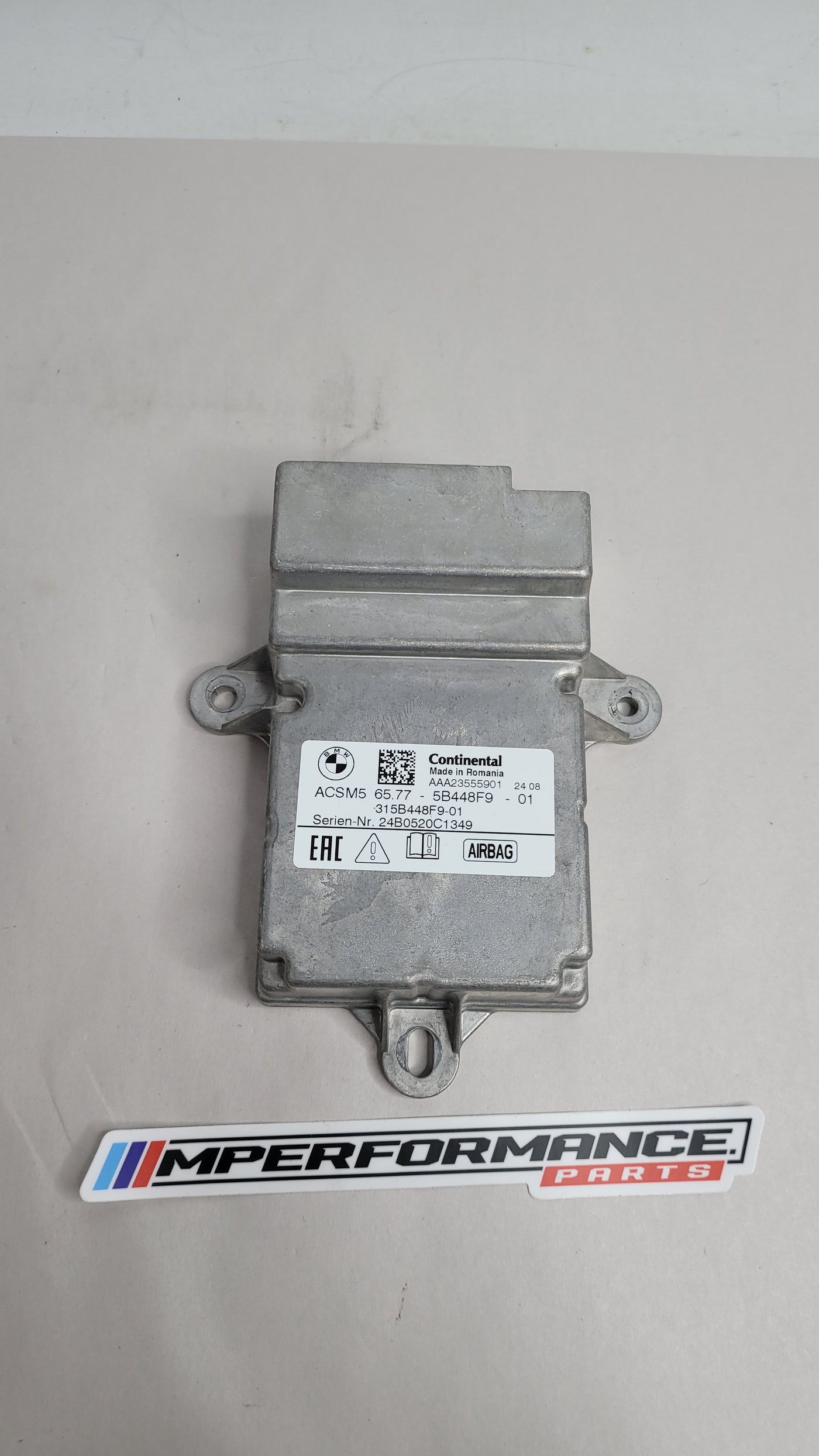 BMW 3 4 Series G20 G22 G26 G80 G82 SRS safety deployment crash module by MPerformance.parts, showing the module's components.