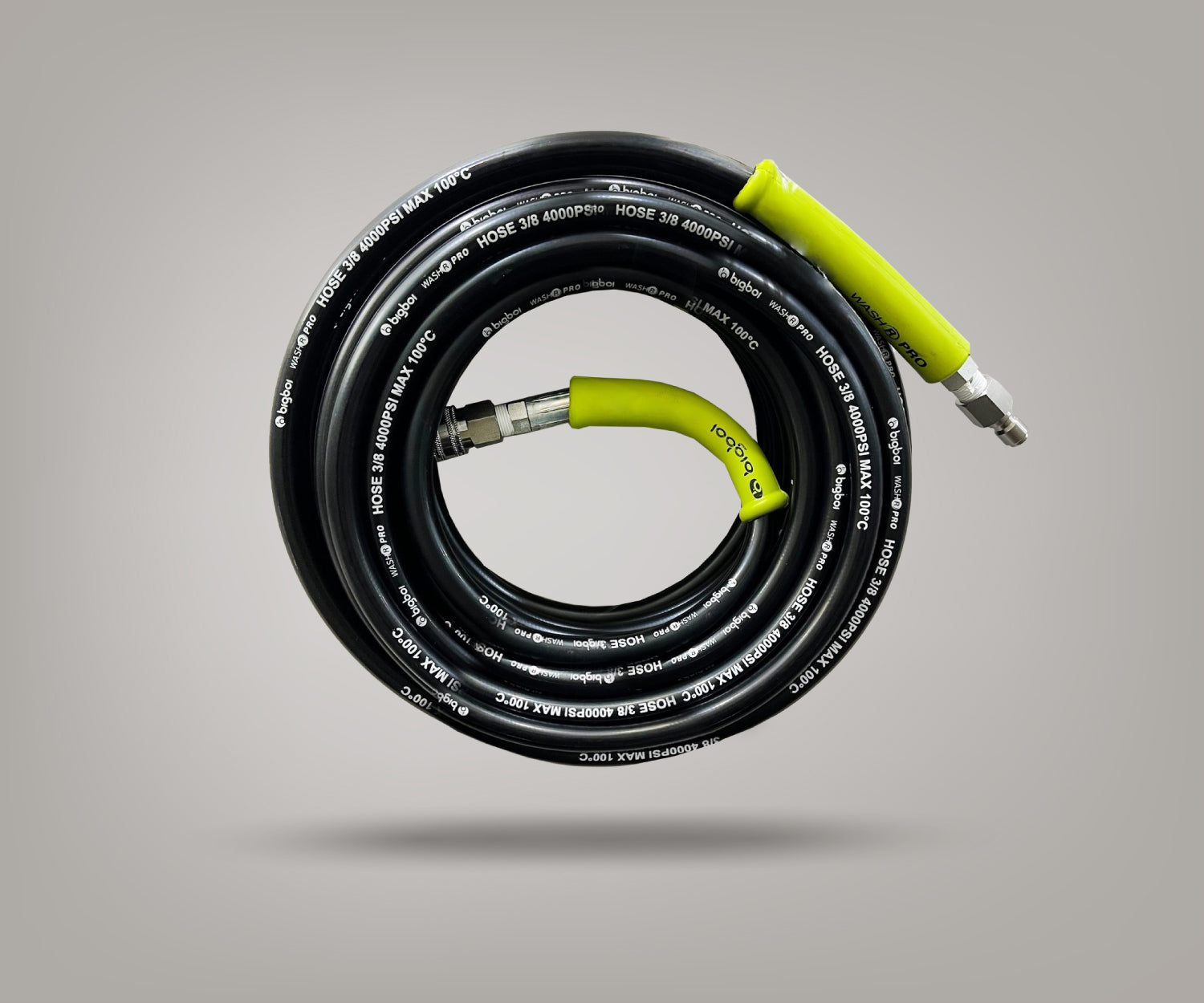 BigBoi WASHRPRO & DUO 30M commercial pressure washer hose coiled, durable heavy-duty water hose for industrial cleaning.