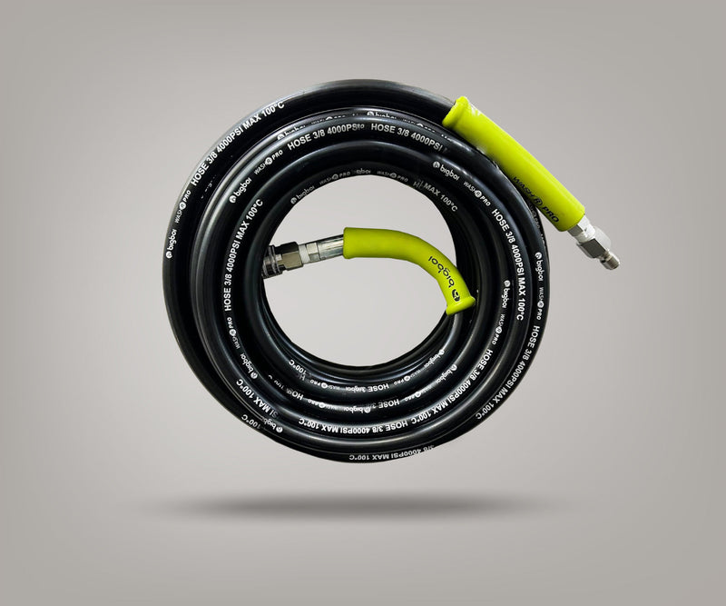 BigBoi WASHRPRO & DUO 30M commercial pressure washer hose coiled, durable heavy-duty water hose for industrial cleaning.