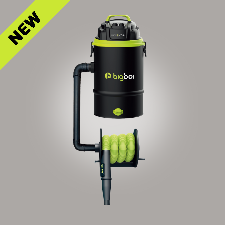 BigBoi SuckR PRO+ wall mounted set showing sleek black SuckR vacuum pump and mounting components on a white background.