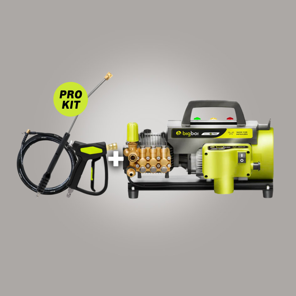 BigBoi WASHR PRO MKII WashR kit with cleaning accessories and blue and white device, designed for vehicle detailing and cleaning.