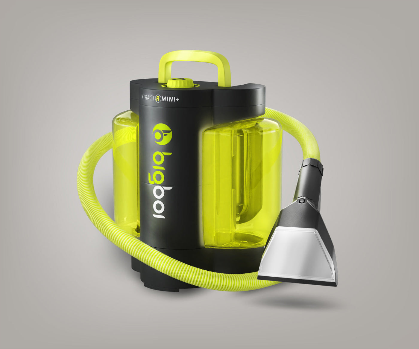BigBoi XTRACTR MINI+ vehicle upholstery cleaner showing spray nozzle and clean fabric upholstery surface.