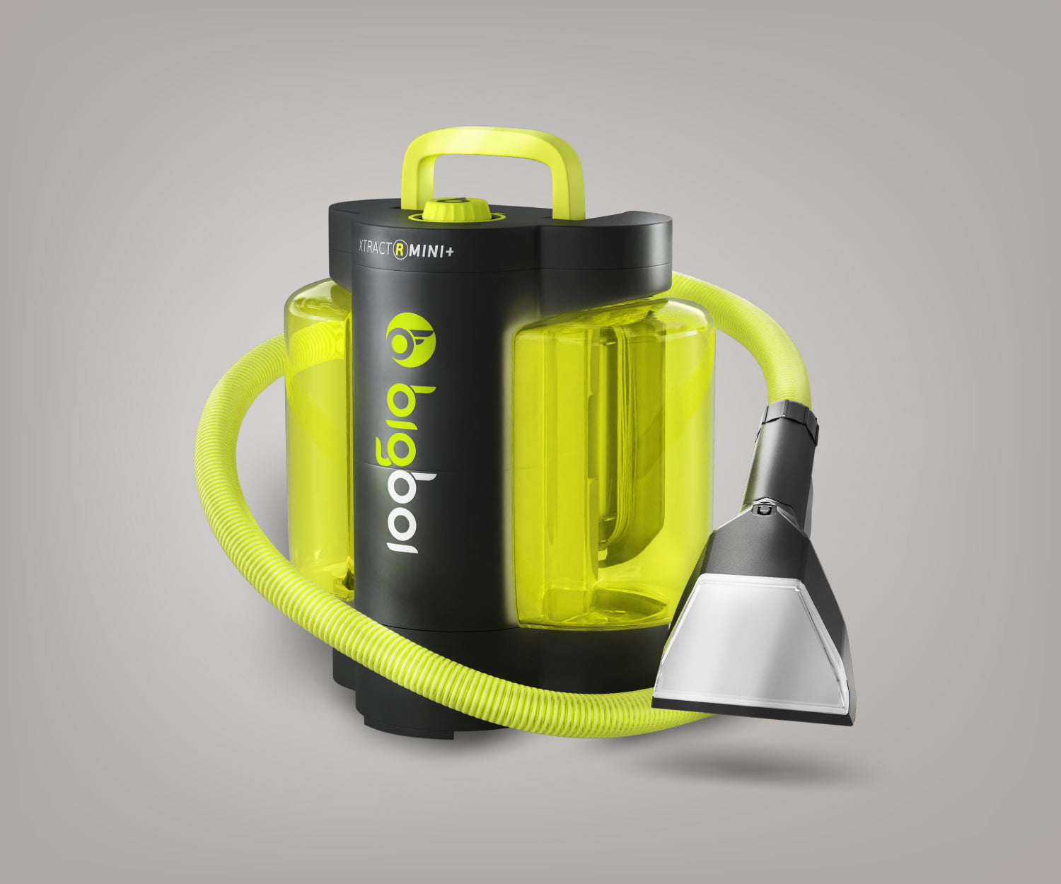 BigBoi XTRACTR MINI+ vehicle upholstery cleaner showing spray nozzle and clean fabric upholstery surface.