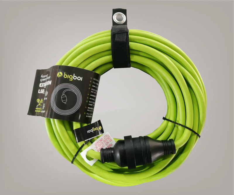 BigBoi extra heavy-duty 15m commercial-grade extension lead for BMW parts, 10 amp, black power cable with robust connectors.
