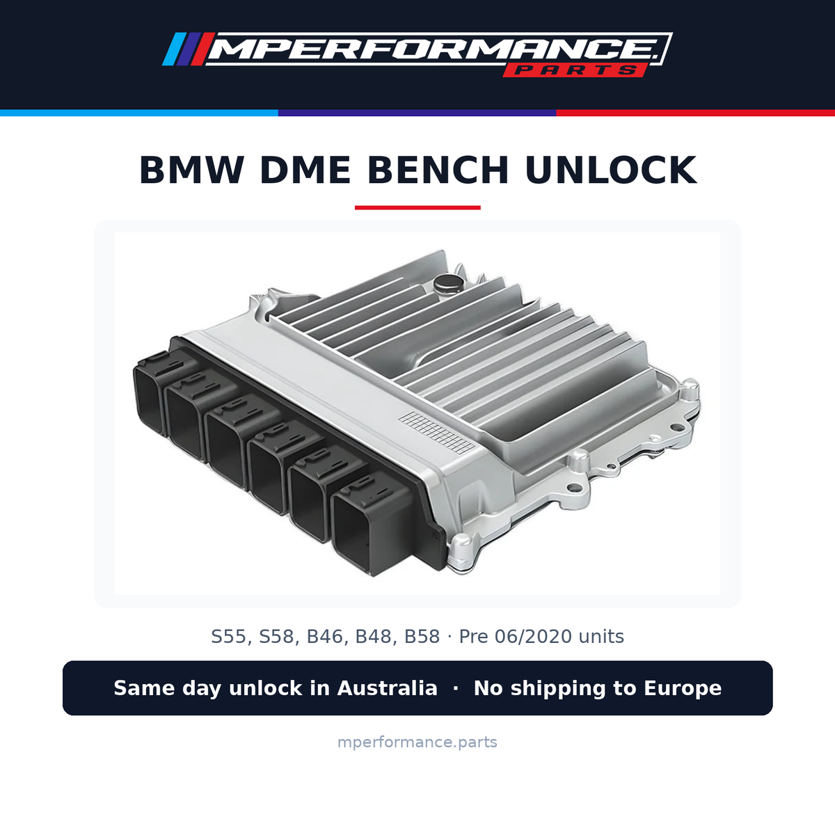 BMW DME bench unlock service for S55, S58, B46, B48, B58 engines on F & G Series by MPerformance.parts, showing diagnostic equipment.