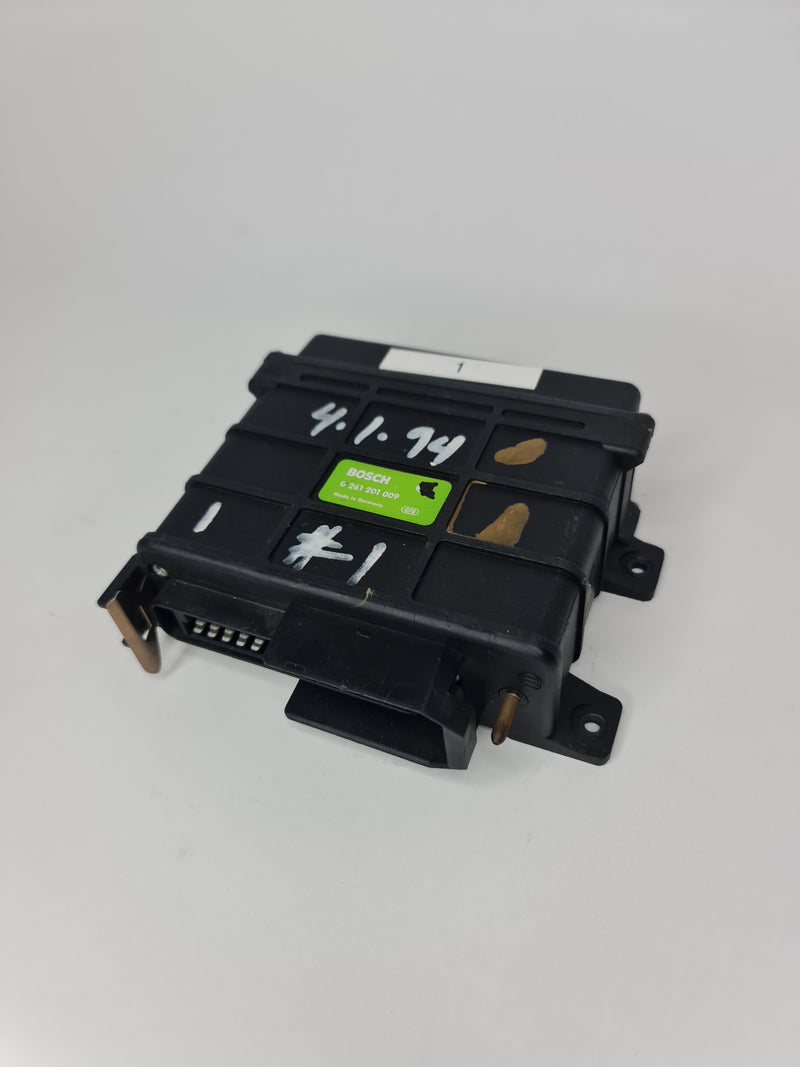 BMW genuine electric control unit ECU 0 261 201 009 OEM, showing the compact, black automotive ECU with connectors and branding.