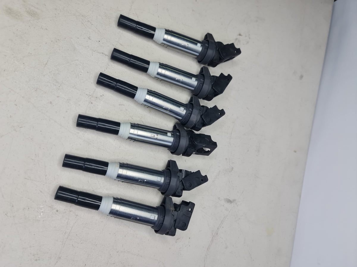 Set of six BMW Delphi ignition coils for models 2001-2020, with part number 12-13-8-616-153, in a clean, detailed view