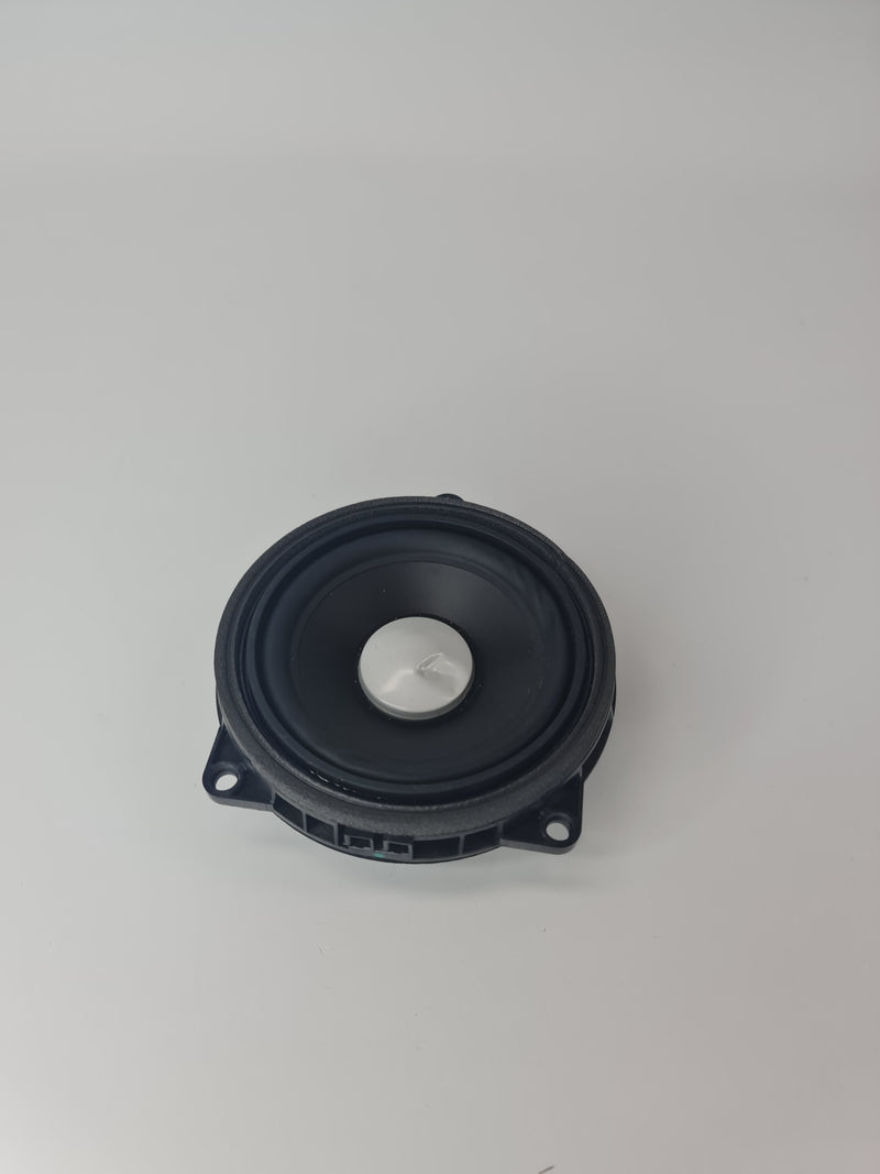 BMW mid-range speaker with Harman Kardon branding, compatible with 2012-2020 models, shown in black with mounting details.