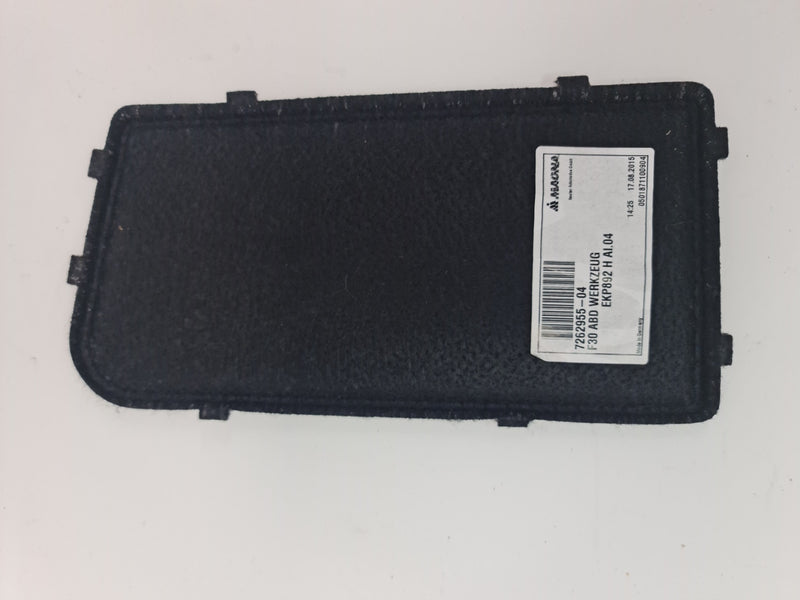 BMW M3 F80 2018 rear boot tool storage trim cover panel, black plastic with mounting clips, part number 51477262955.