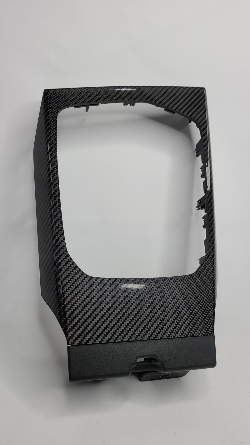 BMW M3 G20 G80 G82 G83 carbon fiber center console trim with shifter bezel and USB port, designed for sporty interior upgrade.