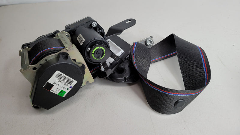 BMW F80 M3 front seatbelt by MPerformance.parts, shown in black with metal buckle and safety latch.