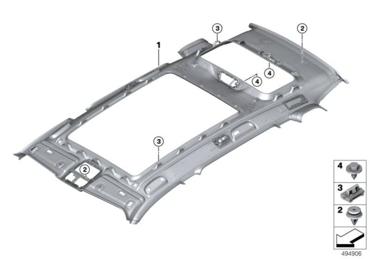 BMW X7 G07 panoramic roof liner with Alcantara, OEM roof headliner by MPerformance.parts, featuring luxurious interior material.