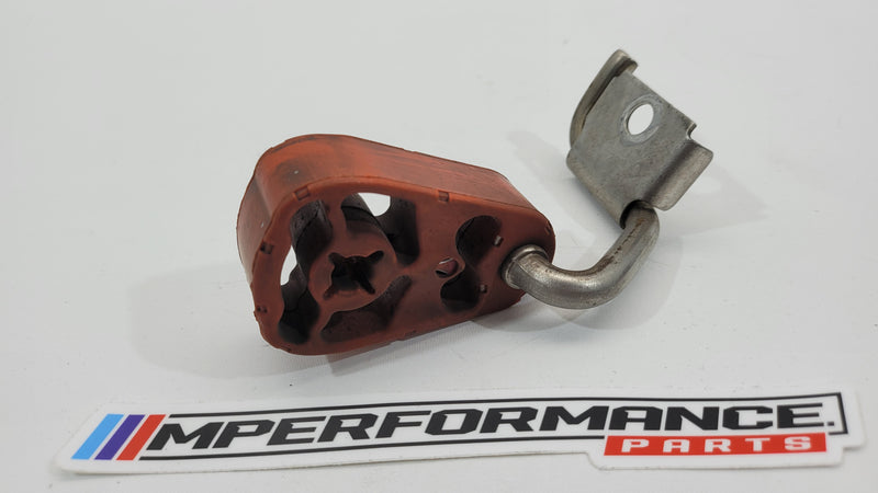 BMW M3 Competition G80 rear right exhaust muffler insulator bracket, MPerformance.parts, close-up of metal bracket component.