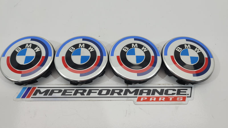MPerformance.parts 50th Anniversary alloy wheel centre caps, 56mm diameter, featuring anniversary logo design.
