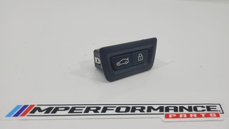 BMW G80 M3 tailgate boot open switch button for trunk release, designed by MPerformance.parts, shown in close-up view