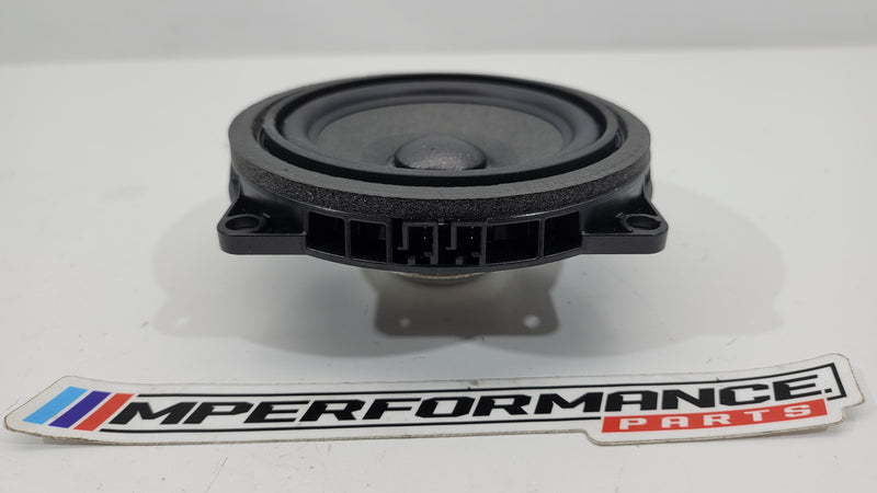 BMW G80 M3 front door speaker by MPerformance.parts, showing the black speaker grille and mounting details.