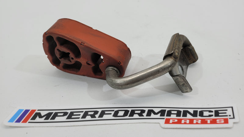 BMW M3 Competition G80 rear right exhaust muffler insulator and bracket from MPerformance.parts, showing the metal bracket and insulation component.