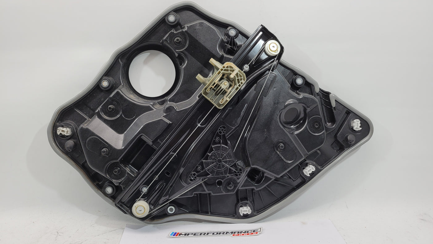 BMW M3 Series G20/G8x rear left window regulator and motor, part 7432235, installed in the vehicle's window assembly.