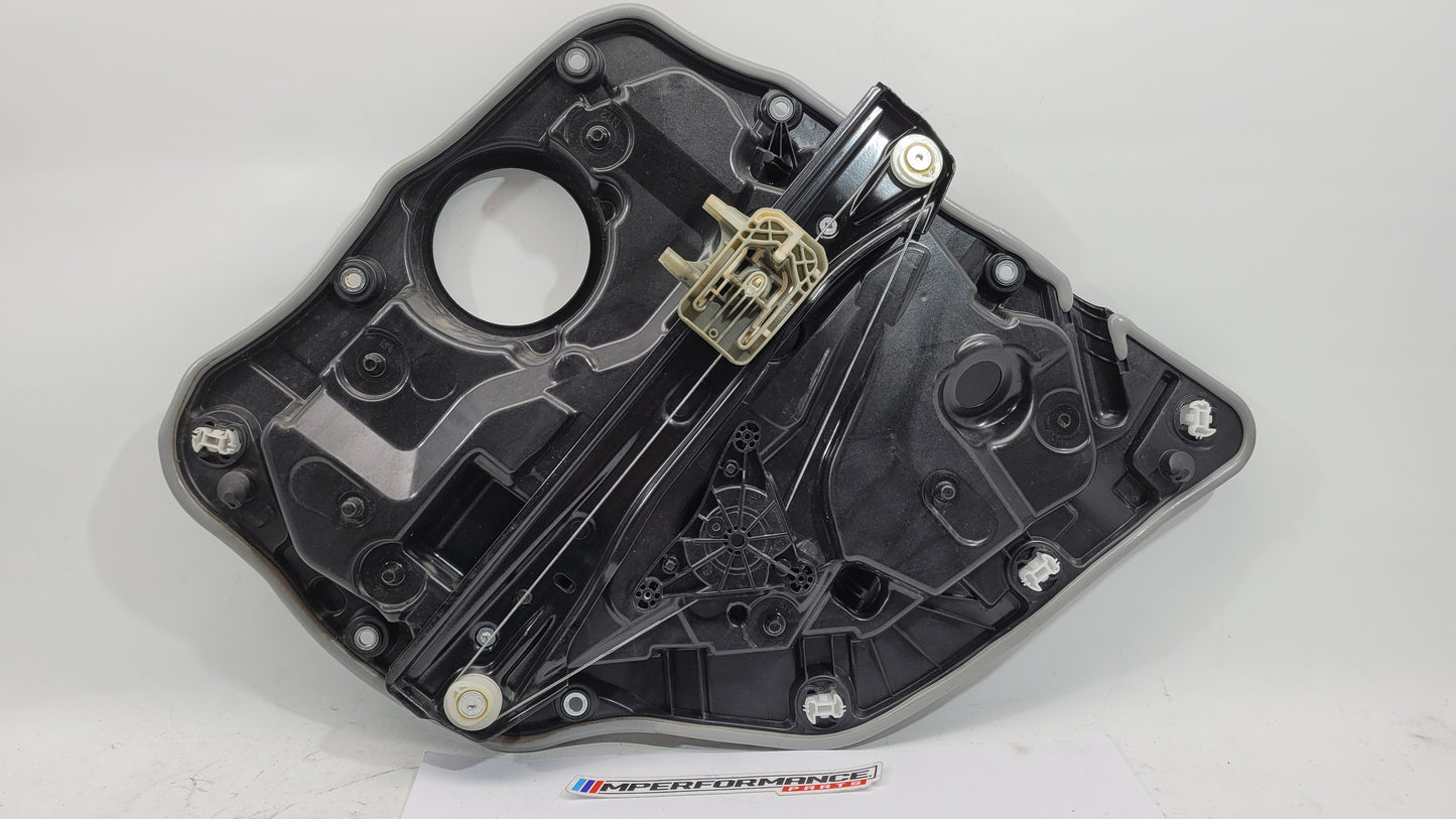 BMW M3 Series G20/G8x rear left window regulator and motor, part 7432235, installed in the vehicle's window assembly.