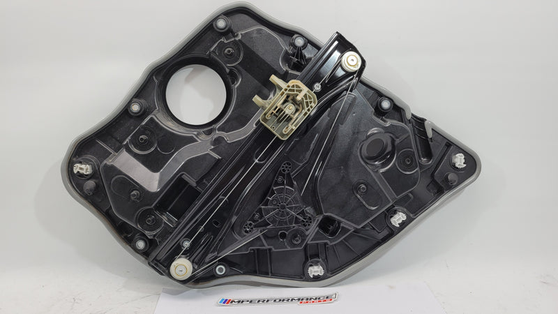 BMW M3 Series G20/G8x rear left window regulator and motor, part 7432235, installed in the vehicle's window assembly.