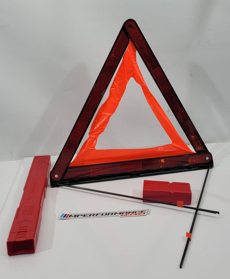 BMW safety hazard warning triangle with case, compact emergency roadside warning sign, branded by MPerformance.parts.