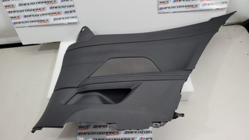 BMW G82 M4 driver rear door card in black leather with detailed stitching, designed for a sleek, high-performance interior.