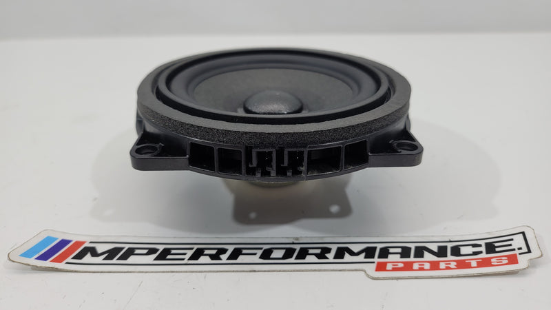 BMW G80 M3 front door speaker by MPerformance.parts, showing a close-up of the black speaker with mounting details.