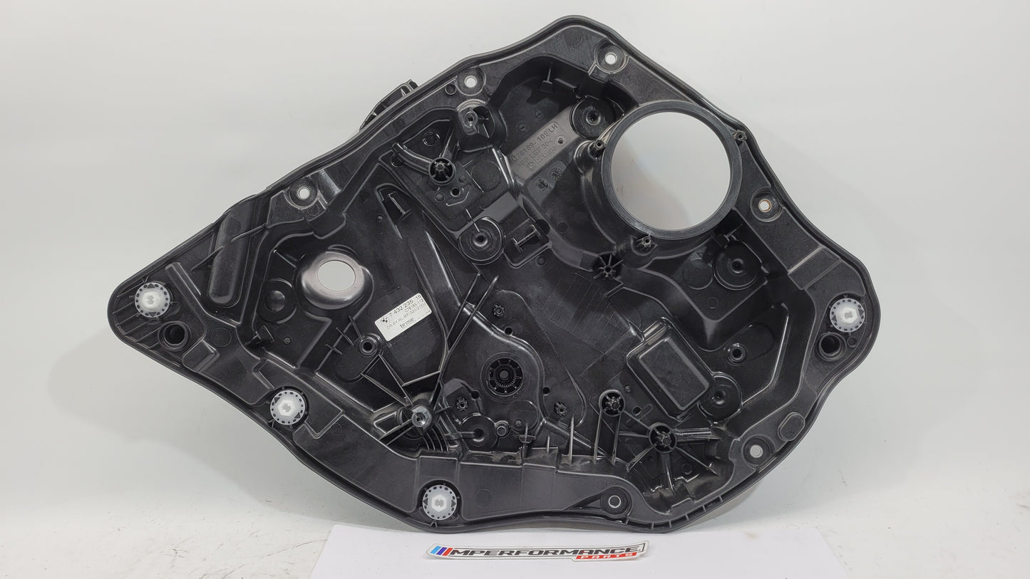 BMW M3 Series G20/G8x rear left window regulator and motor by MPerformance.parts, showing the black metal and plastic component.