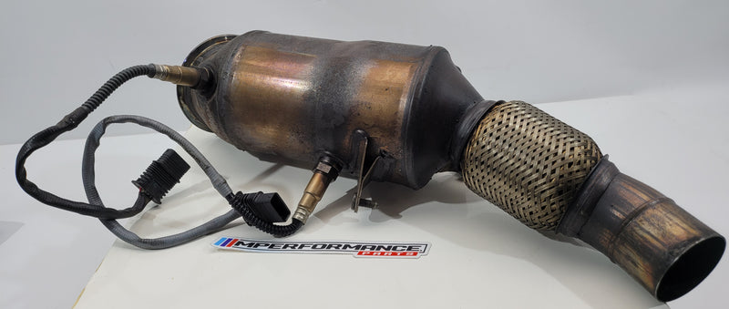 BMW N20 engine exhaust header manifold downpipe with upper and lower O2 sensors, branded MPerformance.parts, shown in the image.