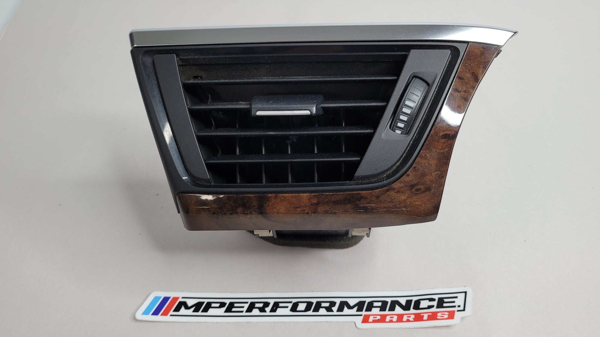 BMW 3 4 Series F30 F36 dash right side air vent grill with wood trim from MPerformance.parts, RHD version, detailed view.