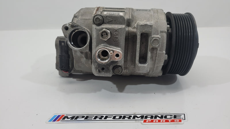 F8x S55 BMW air conditioning A/C pump with part number 9332782, mounted on engine, metallic finish, branded MPerformance.parts