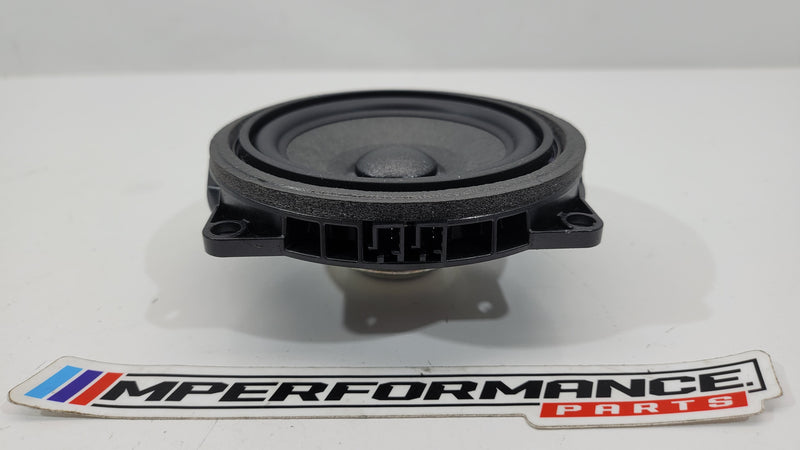 BMW G80 M3 front door speaker by MPerformance.parts, showing the black speaker cone and mounting frame inside the vehicle door