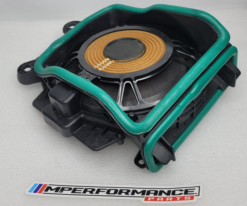 BMW 3 4 Series G23 G80 G82 G83 front left subwoofer speaker by MPerformance.parts, showing the black speaker with mounting details.