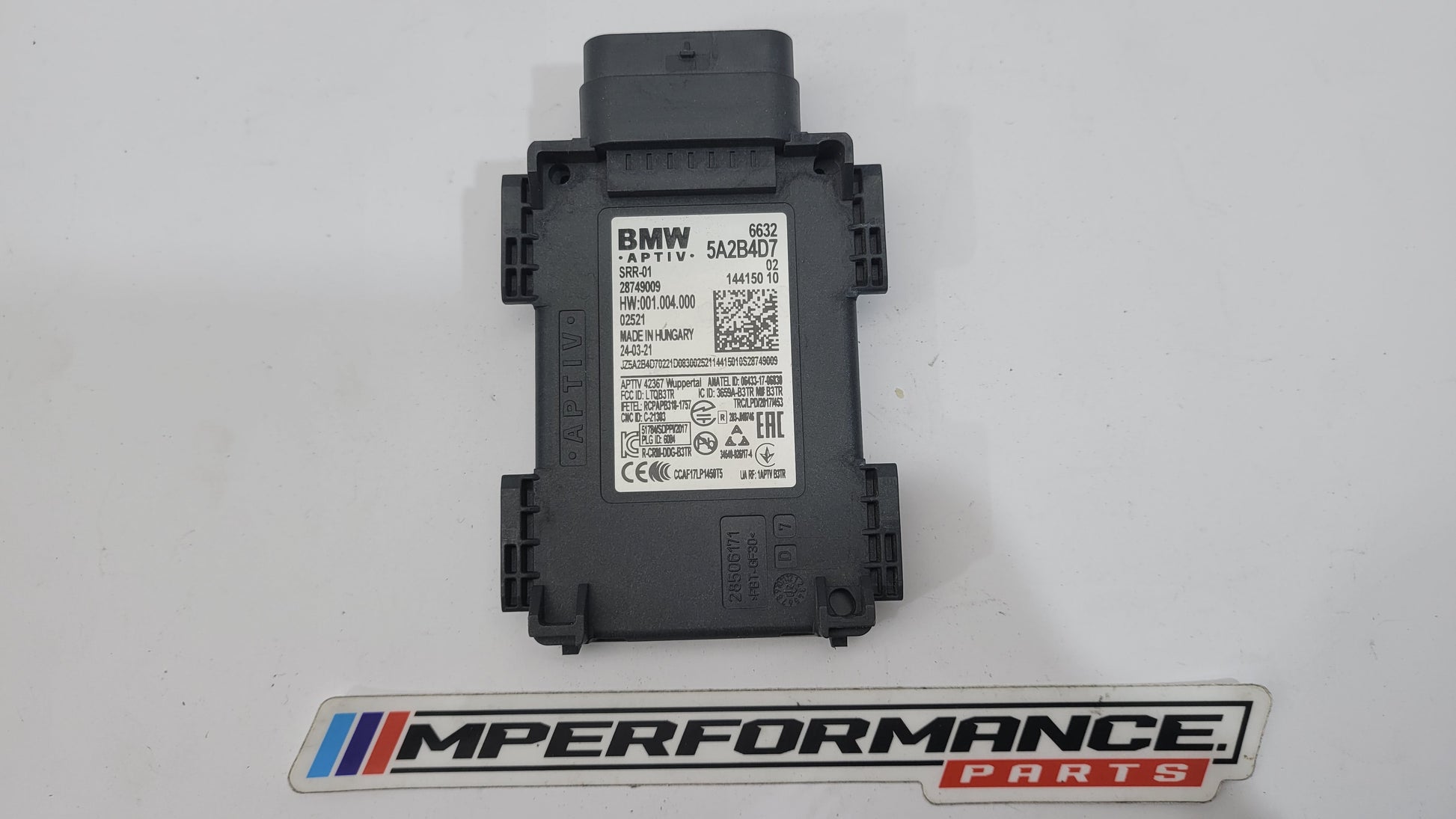 BMW G05 X5 X4 X3 G30 G20 G80 M3 front spot radar sensor by MPerformance.parts, showing the sensor component on a vehicle.