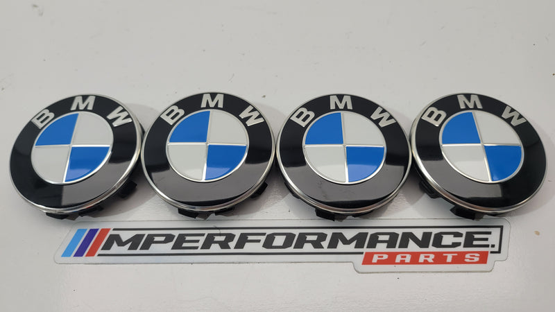 Set of four BMW alloy wheel centre caps, 56mm, for G8x models, by MPerformance.parts, featuring the BMW logo on a sleek black background.