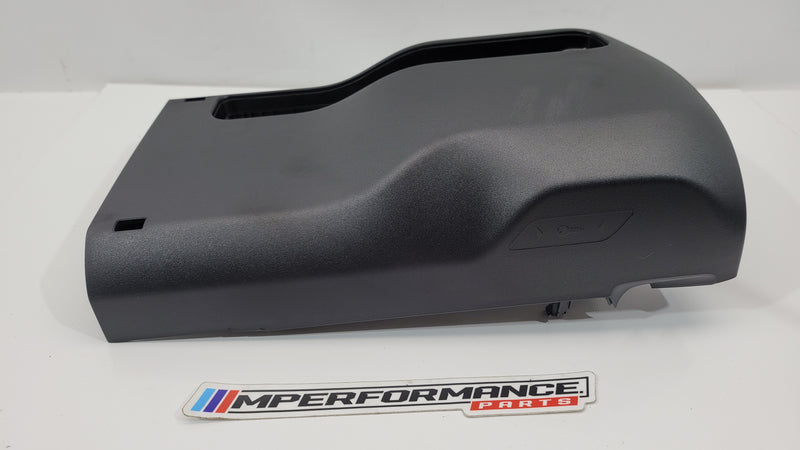Black BMW G80 G81 M3 steering column trim lower cover with MPerformance.parts branding, shown in close-up detail.