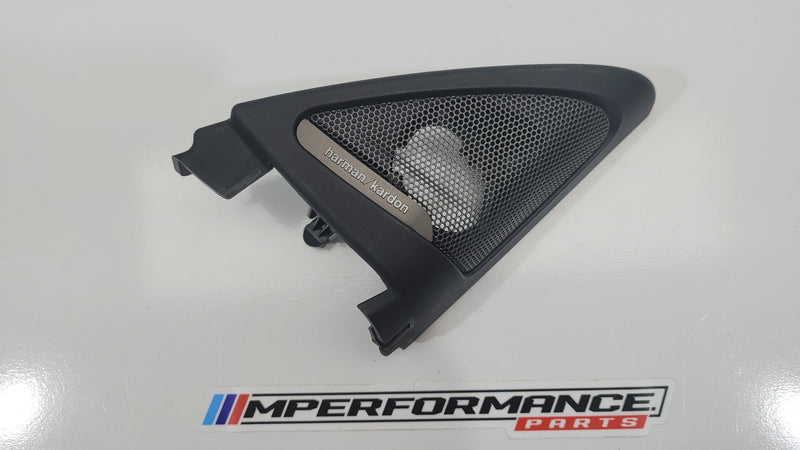 BMW M4 F82 front right Harmon Kardon tweeter cover, black plastic with textured finish, part number 7284420.