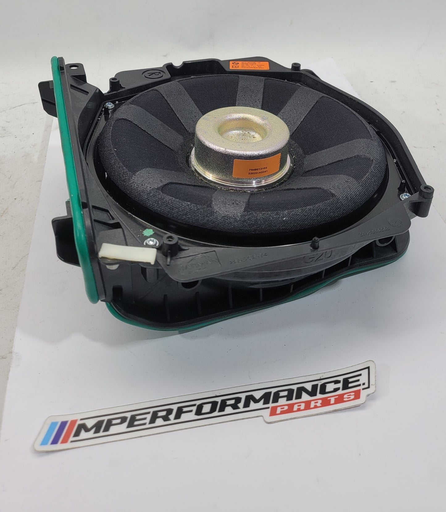 BMW G8x M3 M4 M2 Harman Kardon right subwoofer bass speaker, part 2622490, with detailed speaker grille and mounting details.